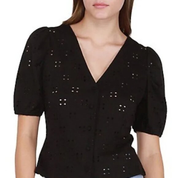 H&M Black Eyelet Puff Sleeve top - XS - Picture 3 of 11